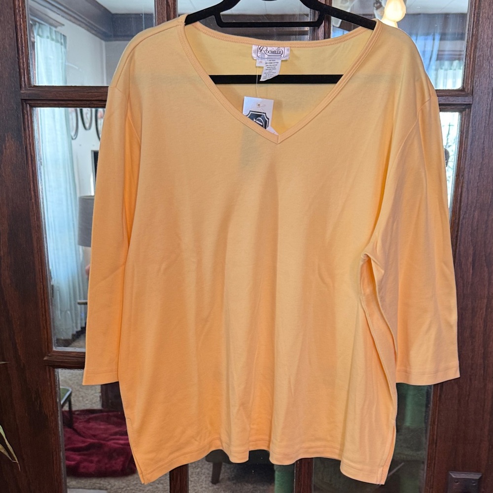 Rochelle California Women 3X Yellow VNeck 3/4 Sleeve Cotton Blend Top R7419X NEW